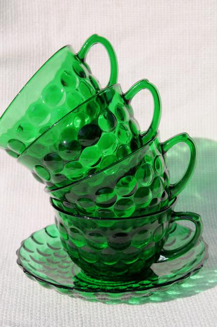 vintage Anchor Hocking forest green glass bubble pattern cups, set of four