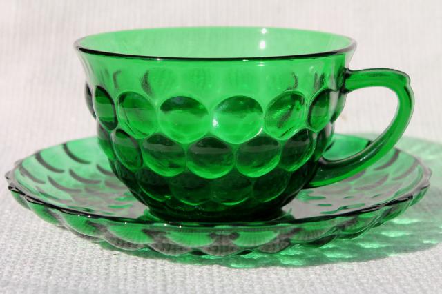 vintage Anchor Hocking forest green glass bubble pattern cups, set of four
