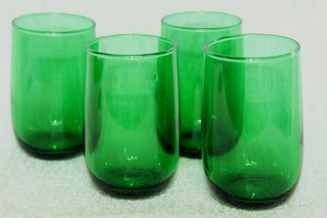 vintage Anchor Hocking forest green glass juice glasses, roly-poly tumblers