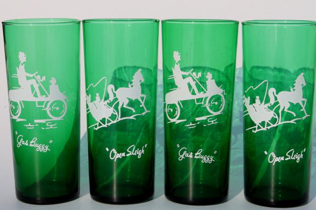 vintage Anchor Hocking forest green glassware, Gay Nineties nostalgia glass tall tumblers
