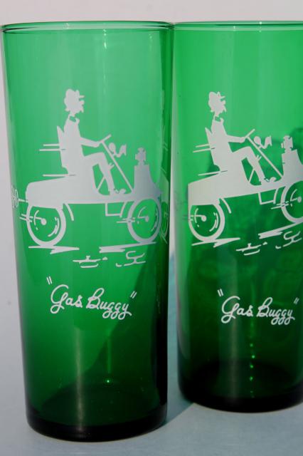 vintage Anchor Hocking forest green glassware, Gay Nineties nostalgia glass tall tumblers