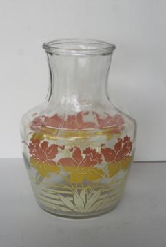 vintage Anchor Hocking glass fridge bottle, swanky swigs juice carafe pink daffodils