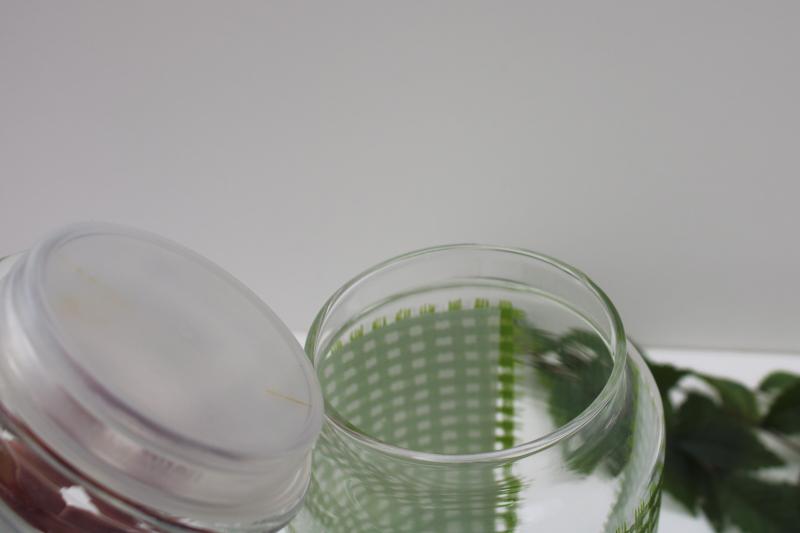 vintage Anchor Hocking green & white gingham checks glass canister jar