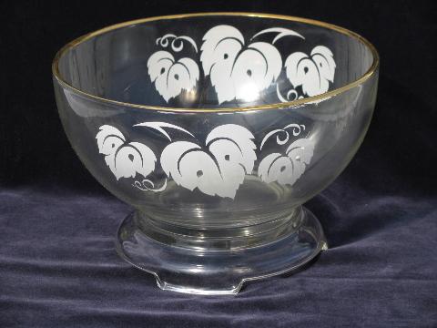 vintage Anchor Hocking kitchen glass bowl, punch cups, grape leaves pattern