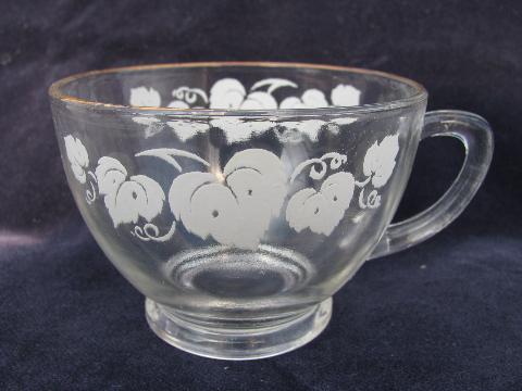 vintage Anchor Hocking kitchen glass bowl, punch cups, grape leaves pattern