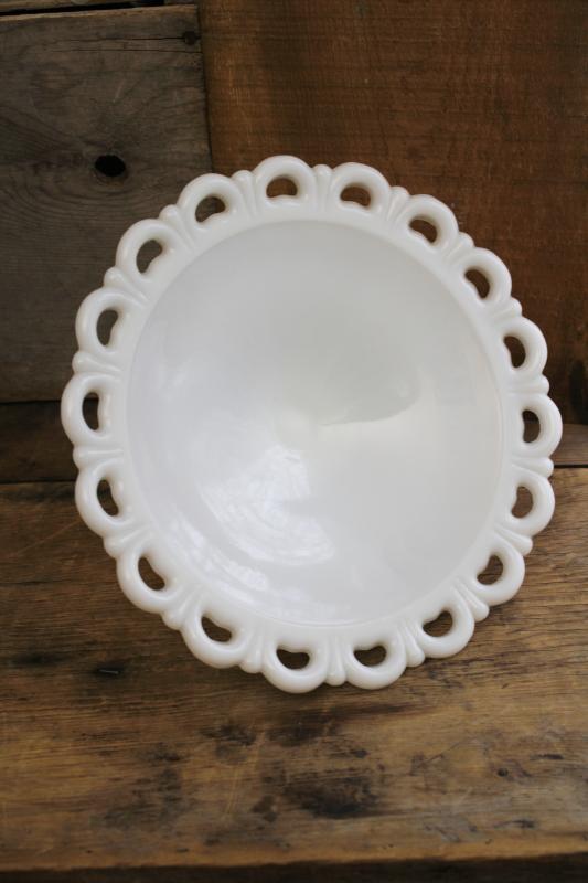 vintage Anchor Hocking open lace edge milk glass dessert plate, fruit stand or compote 