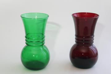vintage Anchor Hocking ring pattern vases, forest green & royal ruby red