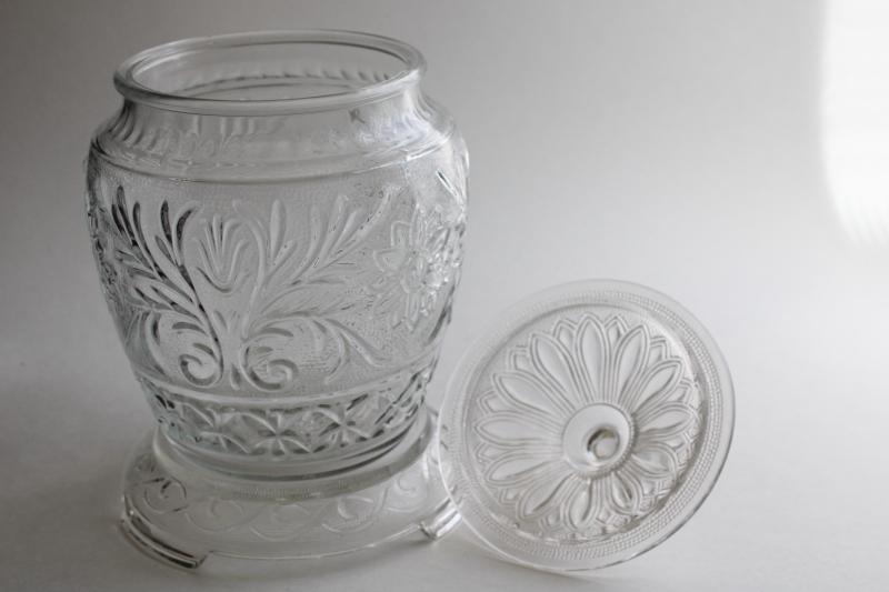 vintage Anchor Hocking sandwich pattern glass, crystal clear cookie jar & stand