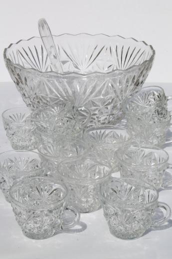 vintage Arlington pattern punch set, clear glass punch bowl & twelve cups