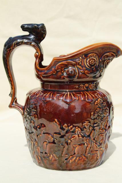 Vintage Arthur Wood England Pottery Pitcher W Embossed Hunt Scene Rockingham Brown Glaze