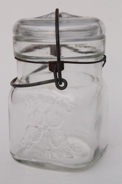 vintage Atlas Good Luck canning jar w/ four leaf clover, clear glass lid wire bail half pint jar