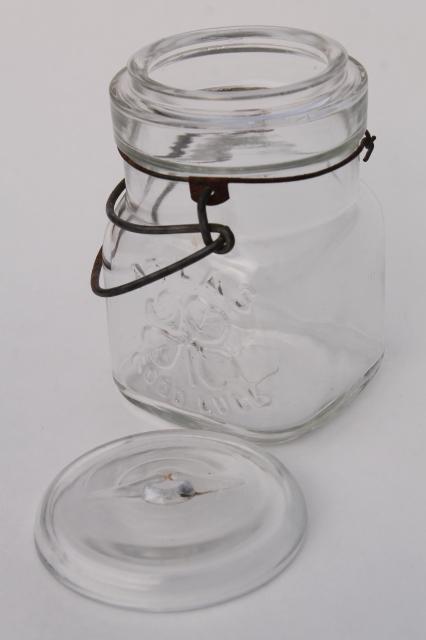 vintage Atlas Good Luck canning jar w/ four leaf clover, clear glass lid wire bail half pint jar