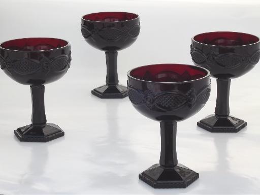 vintage Avon Cape Cod ruby red glass champagne glasses, saucer champagnes set