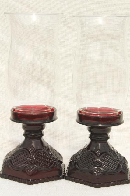 vintage Avon Cape Cod ruby red glass, hurricane candle lamp candlesticks pair