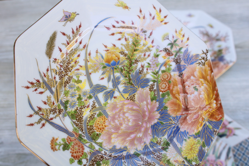 vintage Ayame Japan porcelain plates, iris  peonies floral w/ gold
