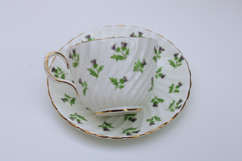 vintage Aynsley England bone china tea cup saucer set, Scots thistle pattern