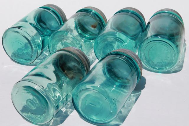 vintage Ball Perfect Mason aqua blue glass pint jars w/ old zinc metal lids