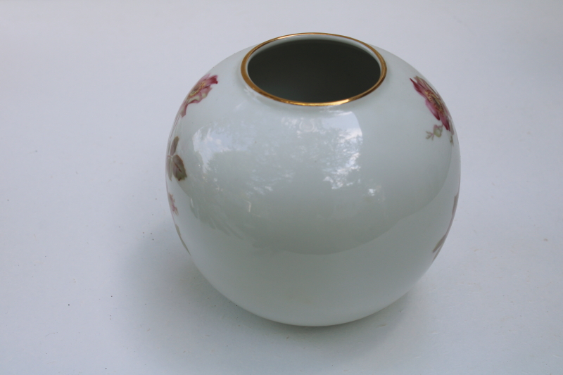 vintage Bavaria West Germany porcelain rose bowl vase, round ball shape w/ wild roses