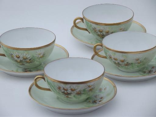 vintage Bavaria porcelain cups and saucers w/ field of hand-painted daisies