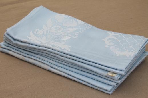 vintage Belgian damask dinner napkins, ice blue pastel cotton / rayon napkins