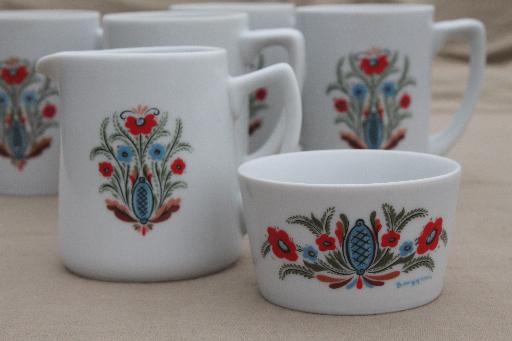 vintage Berggren china plates & mugs set for 4, red & blue rosemaled flower