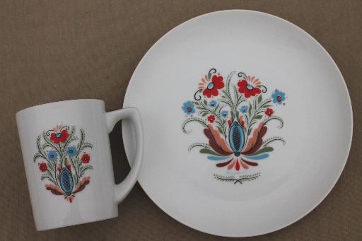 vintage Berggren china plates & mugs set for 4, red & blue rosemaled flower