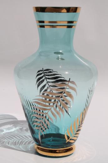 vintage Bohemia crystal fern vase, aqua blue art glass jar w/ ferns in gold