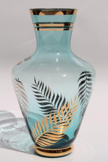 vintage Bohemia crystal fern vase, aqua blue art glass jar w/ ferns in gold