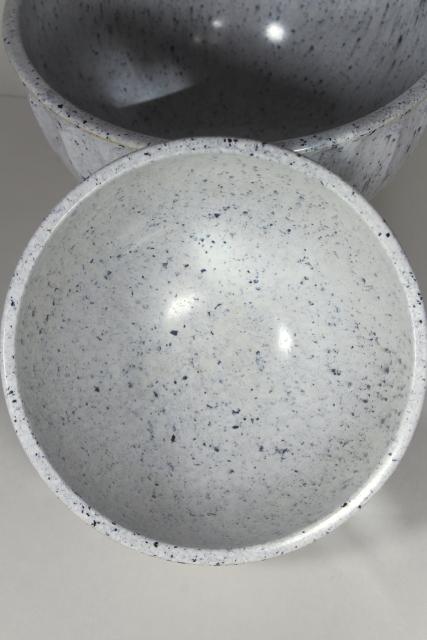 vintage Boonton melmac confetti mixing bowls, mod black and white spatter melamine