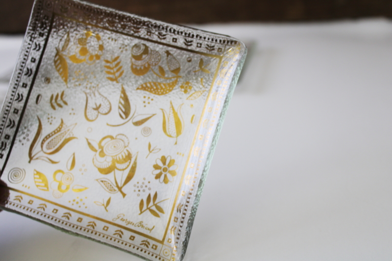 vintage Briard Persian Garden gold print glass coasters set, square formed glass plates