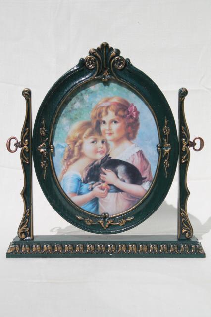 vintage British patent stand & frame w/ Victorian print, young girls w/ pet rabbit
