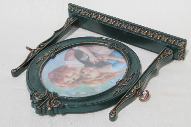 vintage British patent stand & frame w/ Victorian print, young girls w/ pet rabbit
