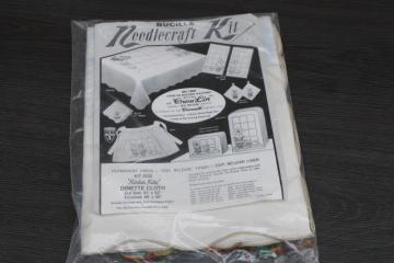 vintage Bucilla needlework kit, Kitchen Kitty tablecloth stamped for embroidery, linen w/ floss