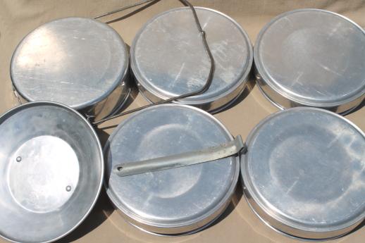 vintage Buckeye aluminum picnic pack tiffin stacking camp set pans, camping cookware