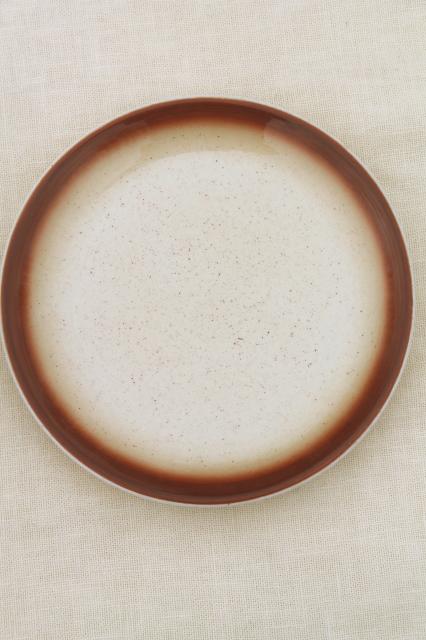 vintage Buffalo china plates tan spatter w/ brown border, western camp dishes
