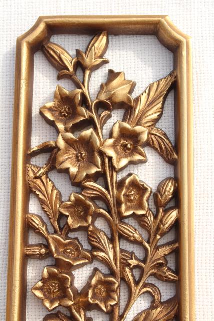 vintage Burwood gold rococo wall art plaques, Syroco type wood composition framed florals pair