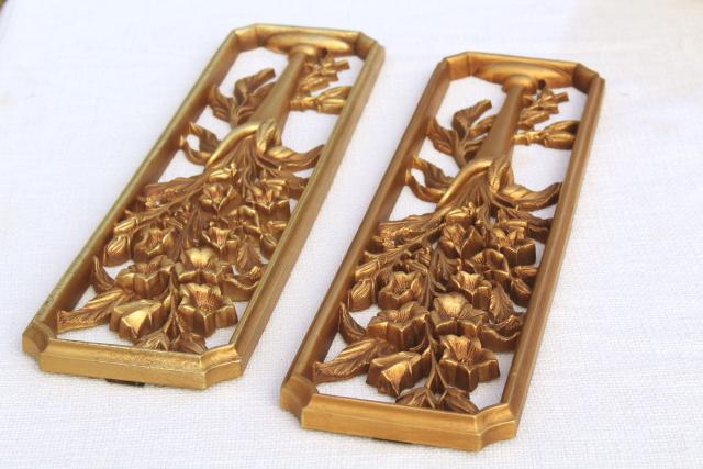 vintage Burwood gold rococo wall art plaques, Syroco type wood composition framed florals pair