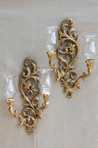 vintage Burwood gold wall sconces w/ Princess House glass candle lamp shades