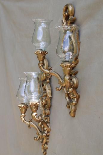 vintage Burwood gold wall sconces w/ Princess House glass candle lamp shades