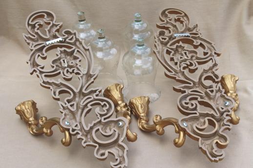 vintage Burwood gold wall sconces w/ Princess House glass candle lamp shades