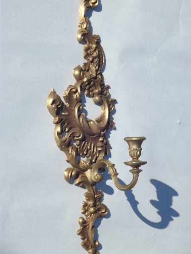 vintage Burwood wall sconces set, gold plastic rococo candle holders