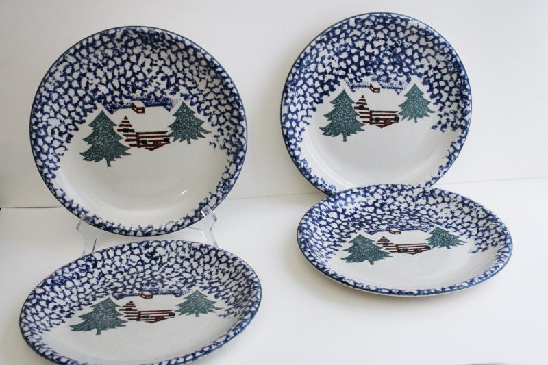 vintage Cabin in the Snow Folk Craft spongeware dinner plates, Tienshan China