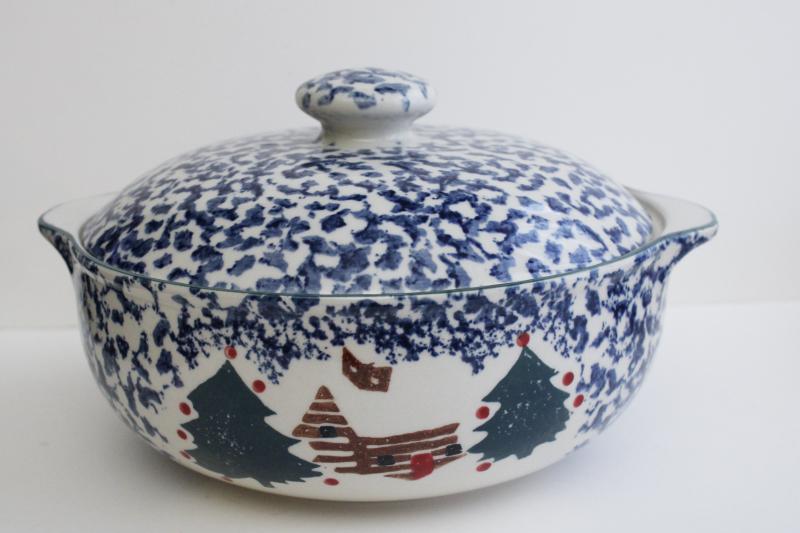 vintage Cabin in the Snow Folk Craft stoneware casserole covered bowl, Tienshan China