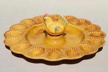 vintage California pottery ceramic tray for deviled eggs, egg plate w/ little brown hen