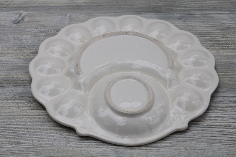vintage California pottery egg plate, serving tray for deviled eggs, all white glazed ceramic