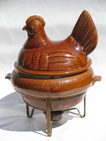 vintage California pottery hen on nest casserole w/copper warming stand
