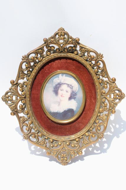 vintage Cameo Creation lady portraits, ornate gold framed bubble glass prints set on velvet