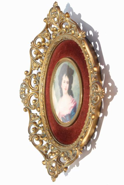vintage Cameo Creation lady portraits, ornate gold framed bubble glass prints set on velvet
