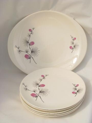 vintage Canonsburg china plates, pink pinecones, ponderosa pine branch