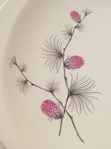 vintage Canonsburg china plates, pink pinecones, ponderosa pine branch